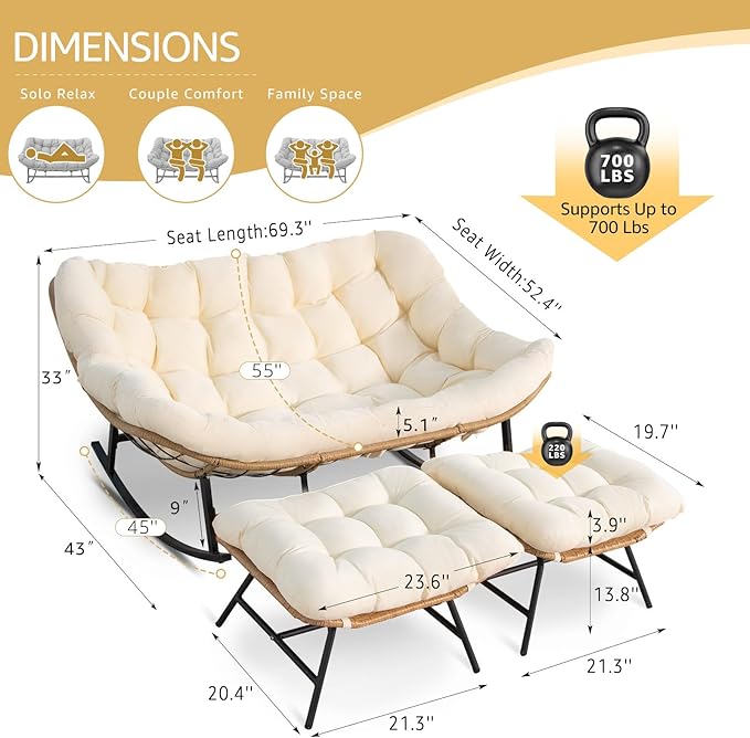 NICESOUL Oversized Double Rocking Papasan Chair with Cushion, 2 Person Big Wicker Outdoor Comfy Recliner, Large Heavy Duty Loveseat for Patio, Balcony, Backyard