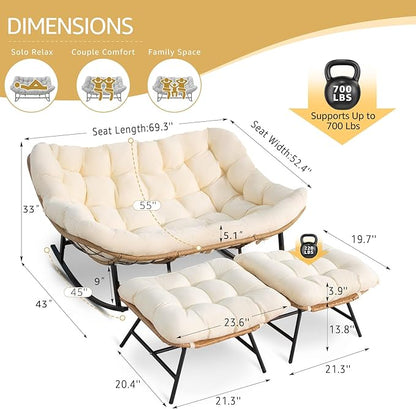 NICESOUL Oversized Double Rocking Papasan Chair with Cushion, 2 Person Big Wicker Outdoor Comfy Recliner, Large Heavy Duty Loveseat for Patio, Balcony, Backyard