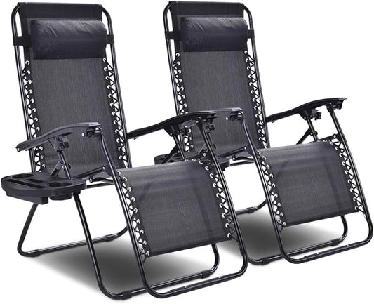 Giantex 2 PCS Zero Gravity Chair Patio Chaise Lounge Chairs Outdoor Yard Pool Recliner Folding Lounge Chair with Cup Holder (Black)