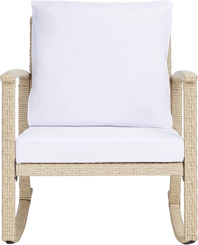 SAFAVIEH Outdoor Collection Daire Woven Beige/White Cushion Rocking Chair for Patio Porch Backyard Sunroom