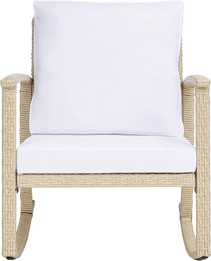 SAFAVIEH Outdoor Collection Daire Woven Beige/White Cushion Rocking Chair for Patio Porch Backyard Sunroom