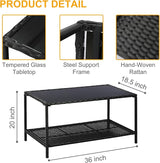 SUNNYPARK Outdoor Rattan Coffee Table 36’’ All-Weather Wicker Patio Side Tables with Glass Top and Storage Shelf - Photo 3