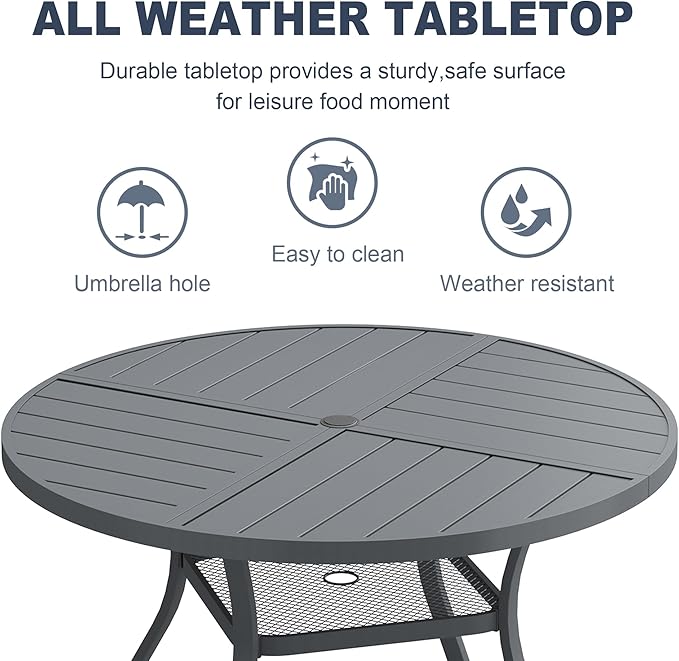 VICLLAX 40.6" Round Patio Dining Table for 4, All Weather Metal Outdoor Table with 1.57" Umbrella Hole and Storage Shelf for Garden Lawn Deck, Dark Grey