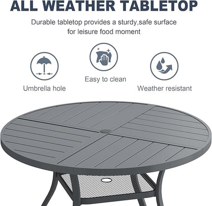 VICLLAX 40.6" Round Patio Dining Table for 4, All Weather Metal Outdoor Table with 1.57" Umbrella Hole and Storage Shelf for Garden Lawn Deck, Dark Grey