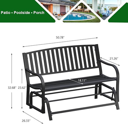 50" Outdoor Porch Glider Bench Patio Gliders, Full Metal Stabilized Steel Frame Finished with Rust Resistant Coating 2 Person Porch Glider, Suitable for Front Yard Garden, Balcony, Poolside