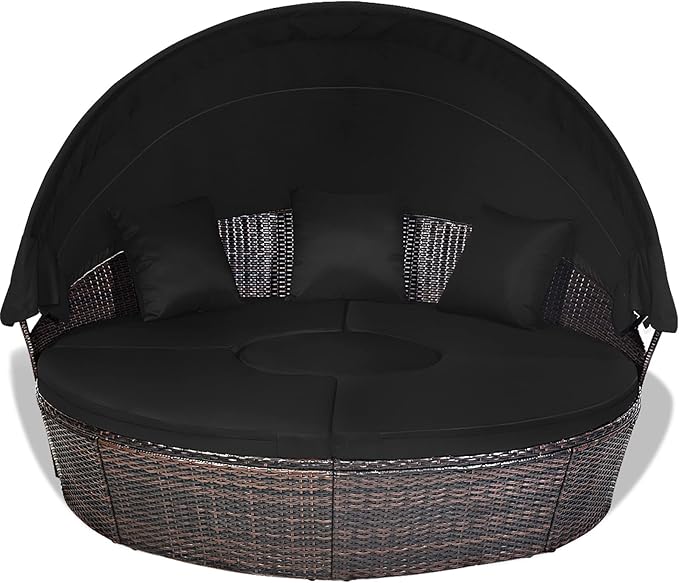 RELAX4LIFE Round Outdoor Daybed with Canopy, Rattan Wicker Sectional Sofa Set w/Cushions, Height Adjustable Table - Photo 1