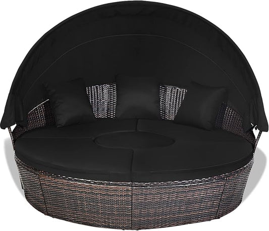 RELAX4LIFE Round Outdoor Daybed with Canopy, Rattan Wicker Sectional Sofa Set w/Cushions, Height Adjustable Table, Conversation Bed Lounger Separated Seating for Outside Pool, Patio Daybed (Black)