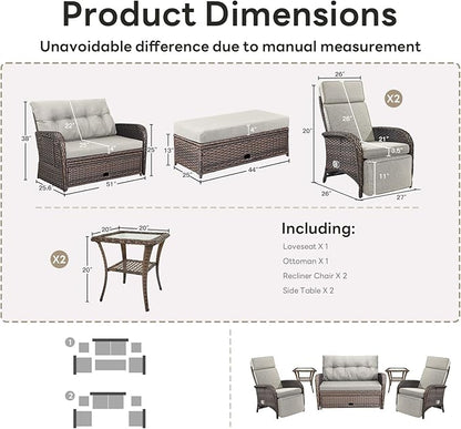Belord Patio Furniture Set - 6-Piece Wicker Loveseat Outdoor Daybed Furniture Set with Recliner Lounge Chairs Set of 2 and Side Table, All-Weather Outdoor Patio Conversation Set for Deck Pool Backyard