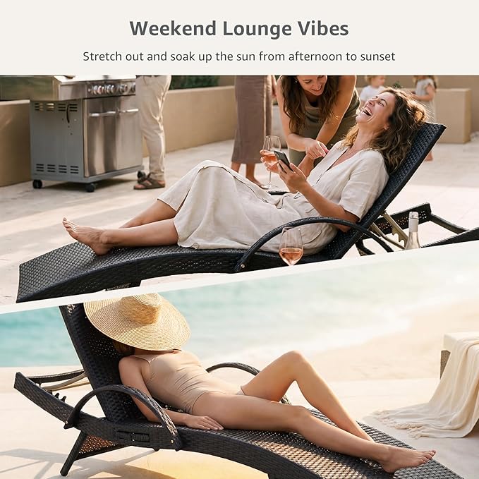 Set of 6 Dark Brown Outdoor Chaise Lounge Chairs, Wicker Patio Lounge Chairs with Adjustable Backrest and Armrests, Durable PE Rattan Pool Chair for Patio, Poolside and Garden