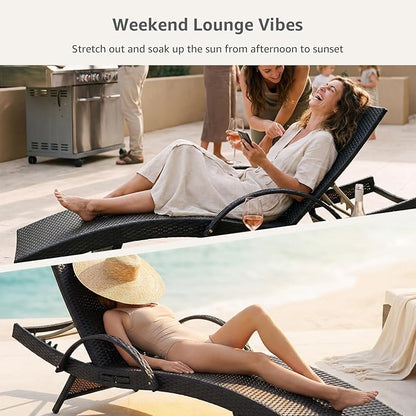 Set of 2 Dark Brown Outdoor Chaise Lounge Chairs, Wicker Patio Lounge Chairs with Adjustable Backrest and Armrests, Durable PE Rattan Pool Chair for Patio, Poolside and Garden