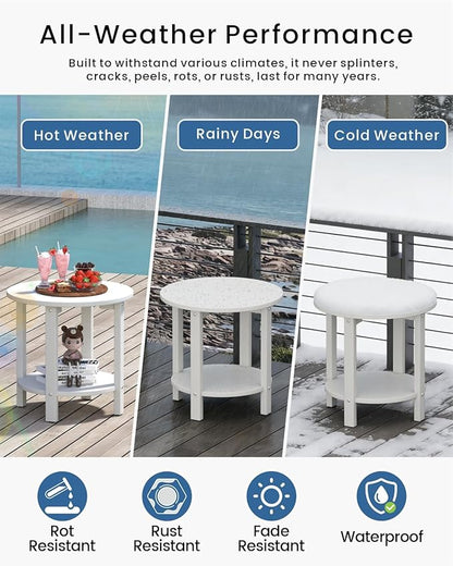 HDPE Outdoor Side Table for Patio, 18.1-Inch Weatherproof Small Outdoor Table for Adirondack, 2-Tier Round End Table for Garden Backyard Porch Deck Balcony Poolside, White