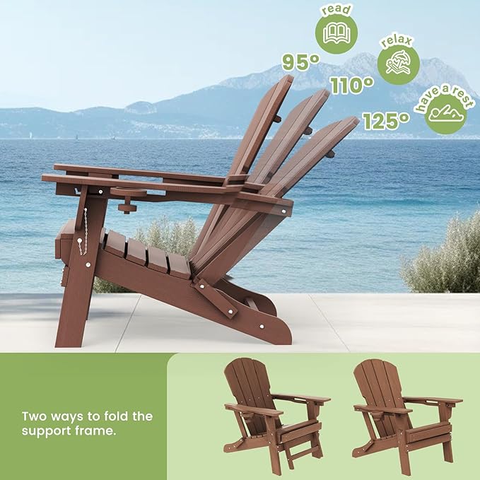 LOUNZY Folding Adjustable Adirondack Chair with Footrest Set of 4,HDPE Recliner Adirondack Chair with Cup Holder for Deck Lawn Fire Pit, Brown