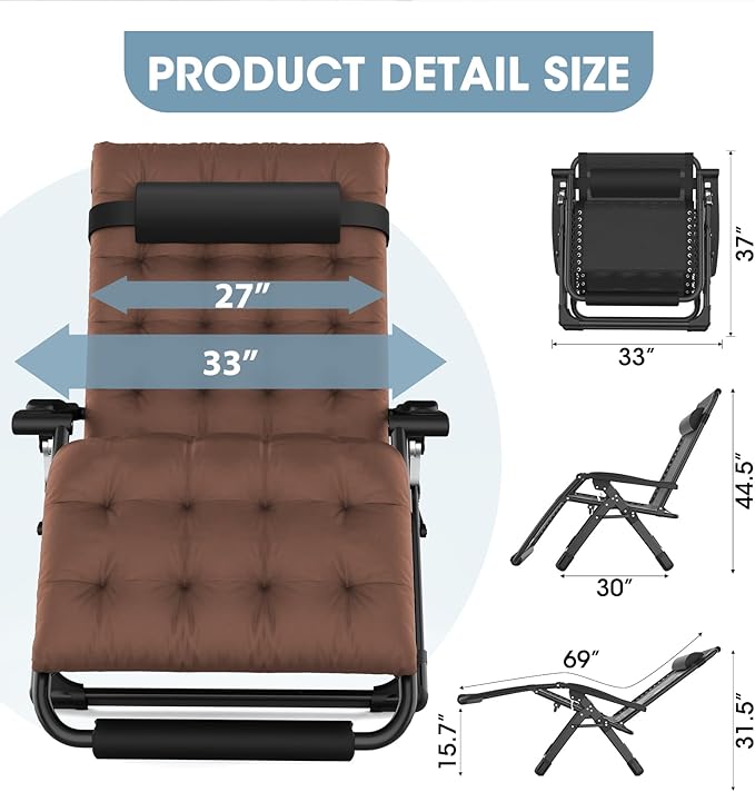 Oversized Zero Gravity Chair, 33In XXL Padded Lounge Chair, Recliner Chair W/Cushion& Storage Bag, Footrest - Photo 3