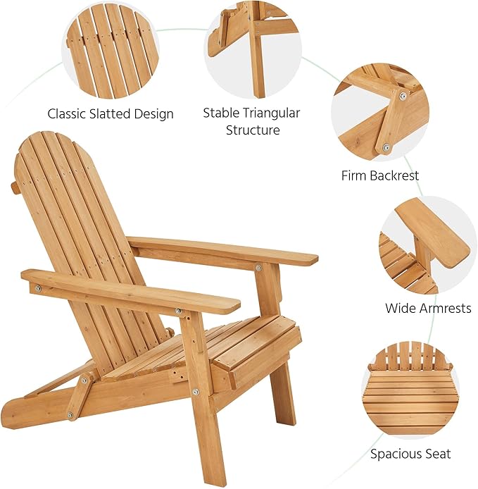 Yaheetech Folding Adirondack Chair Set of 1 Outdoor, 300LBS Solid Wood Garden Chair Weather Resistant, Fire Pit Lounge Chairs for Garden/Yard/Patio/Lawn, Natural Wood