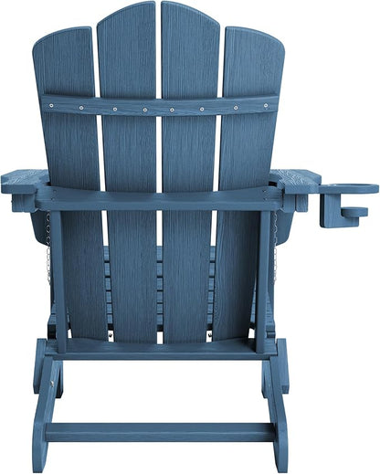 KINGYES Folding Adirondack Chair, HDPE All-Weather Patio Chairs with Cup Holder, Wooden Textured Fire Pit Chairs for Poolside, Backyard, Deck, Navy