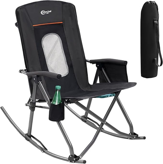 PORTAL Oversized Folding Rocking Camping Chair Portable Outdoor Rocker with High Back Hard Armrests Carry Bag, Supports 400 lbs