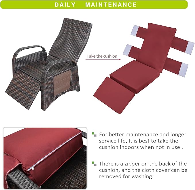 ATR ART TO REAL Outdoor Recliner Chairs, PE Wicker Reclining Lounge Chair with Removable Soft Cushion, Adjustable Outside Recliners for Patio, Porch, Poolside, Balcony, Lawn (Red, 1 PC)
