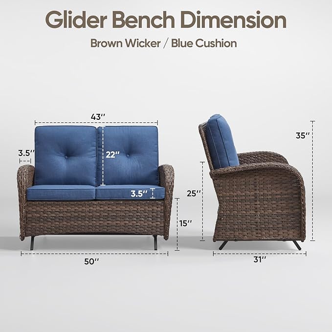 Patio Loveseat Wicker Loveseat Rattan Glider Sofa with Curved Armrest Thicking Back & Seat Cushions for Garden Balcony Backyard Brown Wicker|Blue Cushions (B) Patio Loveseat Glider