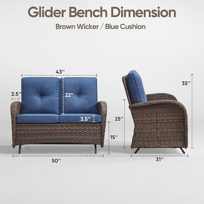 Patio Loveseat Wicker Loveseat Rattan Glider Sofa with Curved Armrest Thicking Back & Seat Cushions for Garden Balcony Backyard Brown Wicker|Blue Cushions (B) Patio Loveseat Glider
