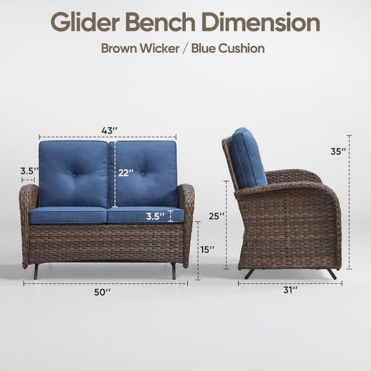 Patio Loveseat Wicker Loveseat Rattan Glider Sofa with Curved Armrest Thicking Back & Seat Cushions for Garden Balcony Backyard Brown Wicker|Blue Cushions (B) Patio Loveseat Glider