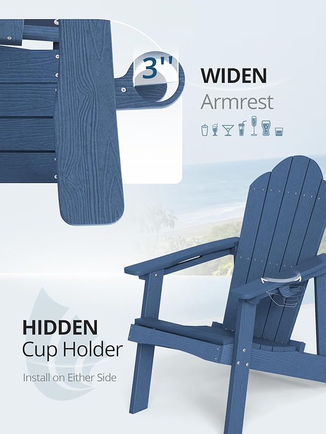 LUE BONA HDPE Adirondack Chair Set of 1 - Weather Resistant Outdoor Seating with Cup Holder for Porch, Poolside - Photo 4