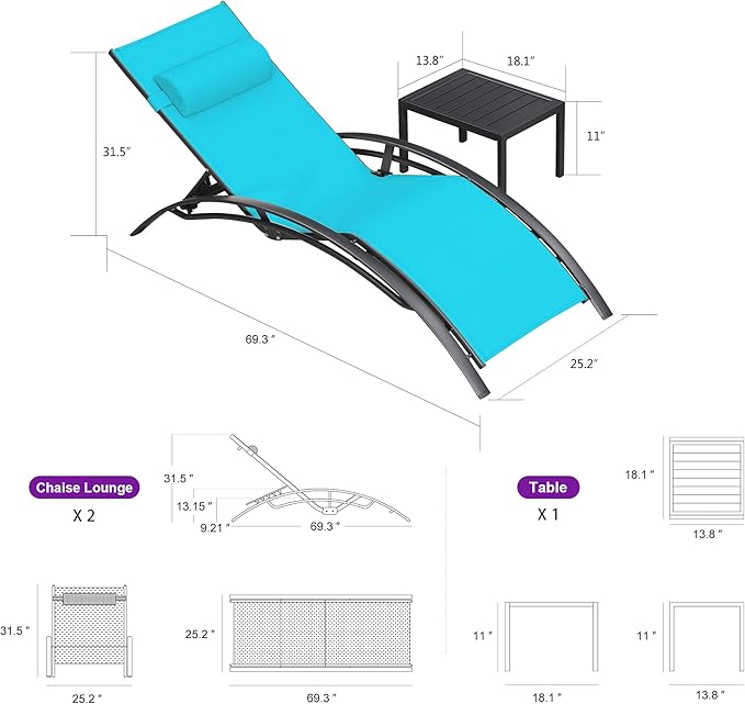 Purple Leaf Patio Chaise Lounge Set of 3 Outdoor Lounge Chair Beach Pool Sunbathing Lawn Lounger Recliner Chiar Outside Tanning Chairs with Arm for All Weather, Side Table Included, Turquoise Blue