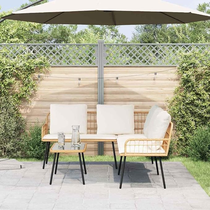 Outdoor Patio Sofa Brown PE Rattan Small Couch 90.9x68.1x30.7 in Metal Frame with Bench Cushion Modern L-Shaped Garden Furniture for Garden Balcony Deck