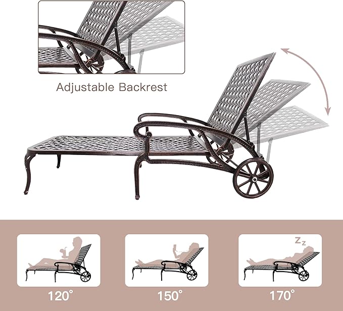 Chaise Lounges Outdoor - Lounge Chairs for Outside Set of 2 Pool Tanning Chair Adjustable Patio Reclining Cast Aluminum for Beach Yard, Antique Bronze