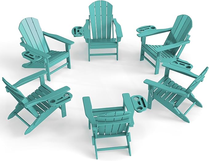 Adirondack Chair Set of 6, HDPE Folding Adirondack Chair with Multifunctional Cup Holder, Weather Resistant Fire Pit Chair for porches, patios, poolsides, Decks.