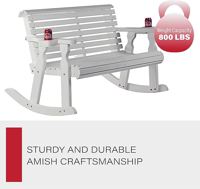 Amish Casual Heavy Duty 800 Lb Roll Back Pressure Treated Double Rocker with Cupholders (Semi-Solid White Stain)