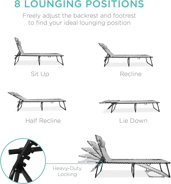 Best Choice Products Patio Chaise Lounge Chair, Portable Outdoor Folding Recliner for Lawn, w/ 8 Positions, Handles - Photo 5