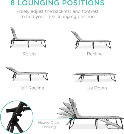 Best Choice Products Patio Chaise Lounge Chair, Portable Outdoor Folding Recliner for Lawn, w/ 8 Positions, Handles, 300lb Capacity - Fog Gray