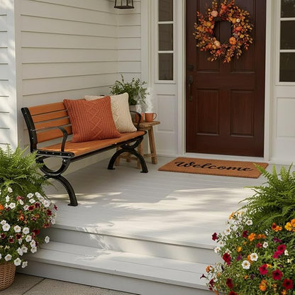 Outdoor Garden Bench, Patio Bench with Cast Iron Metal Frame & Comfort Wood Seat 47" 59" 71" Weather Proof Porch Chair Furniture, Easy to Assemble(Orange,180cm/70.9")