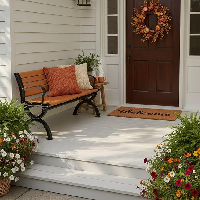 Outdoor Garden Bench, Patio Bench with Cast Iron Metal Frame & Comfort Wood Seat 47" 59" 71" Weather Proof Porch Chair Furniture, Easy to Assemble(Oranges,150cm/59)