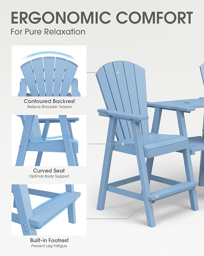 Tall Adirondack Chairs Set of 4, HDPE High Adirondack Chairs with Double Removable Trays, All Weather Outdoor Barstools for Patio, Balcony, Backyard, Deck and Garden, Baby Blue