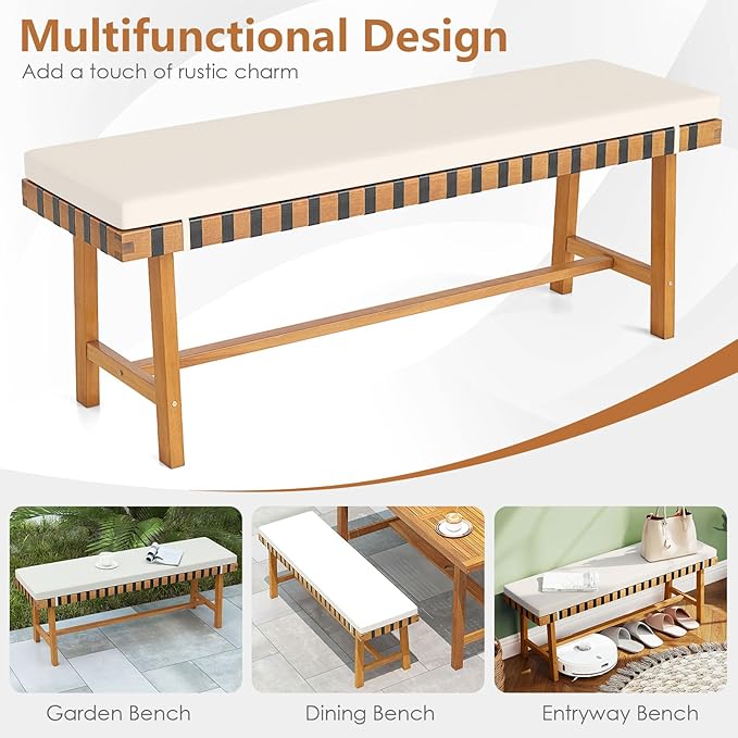 Tangkula Acacia Wood Outdoor Bench with Padded Cushion, 48" Long Dining Bench with Washable Zippered Cover, Backless Wooden Entryway Bench, Garden Poolside Porch Balcony Deck Indoor Furniture (2)