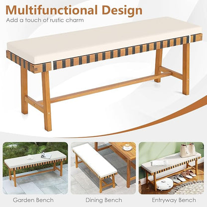 Tangkula Acacia Wood Outdoor Bench with Padded Cushion, 48" Long Dining Bench with Washable Zippered Cover, Backless Wooden Entryway Bench, Garden Poolside Porch Balcony Deck Indoor Furniture (2)