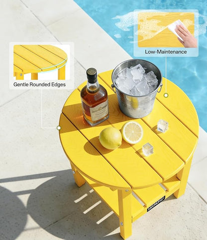 Outdoor Side Table Round - Patio Side Tables - HDPE Small Outdoor End Table for Backyard Pool Porch Balcony - Double Layer Storage - Yellow (Wood Grain Finish)