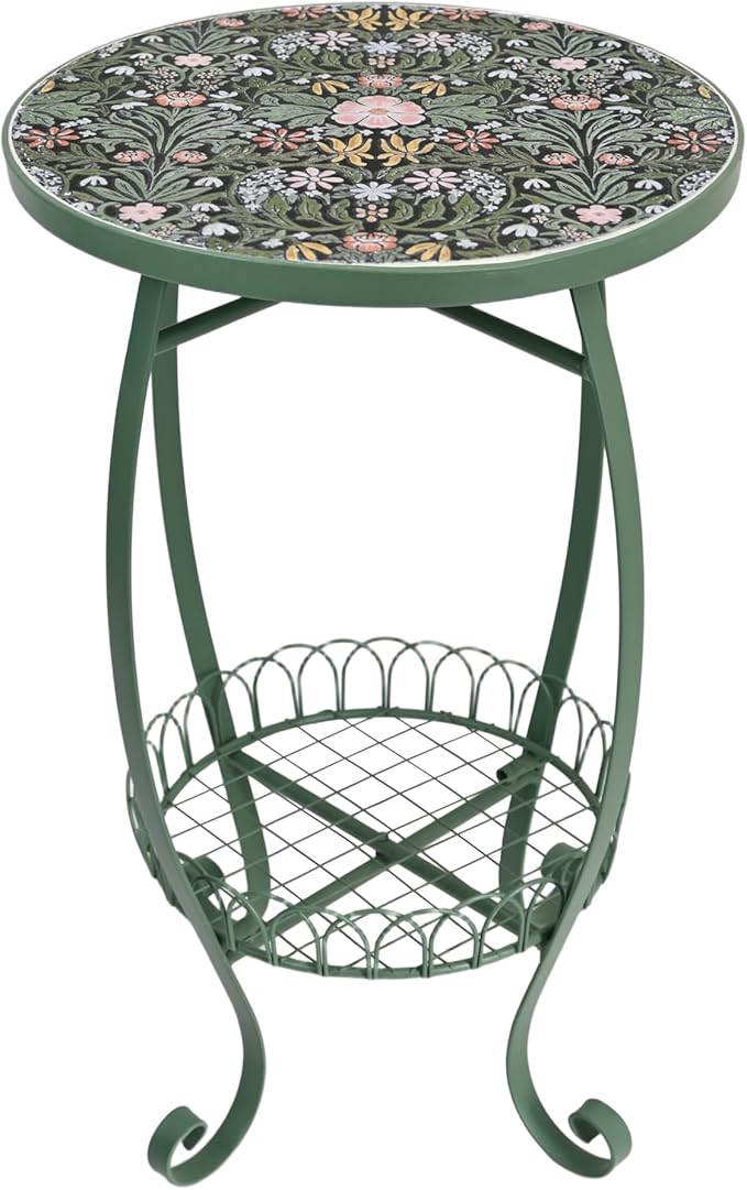 Vintage Floral Ceramic Top Side Table, 14" 2-Tier Green Metal End Table with Storage Basket, Indoor Outdoor Plant Stand for Living Room, Patio, Garden Decor