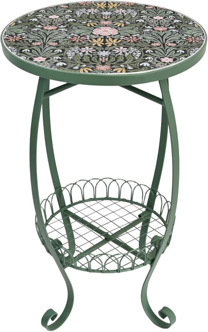 Vintage Floral Ceramic Top Side Table, 14" 2-Tier Green Metal End Table with Storage Basket, Indoor Outdoor Plant Stand for Living Room, Patio, Garden Decor