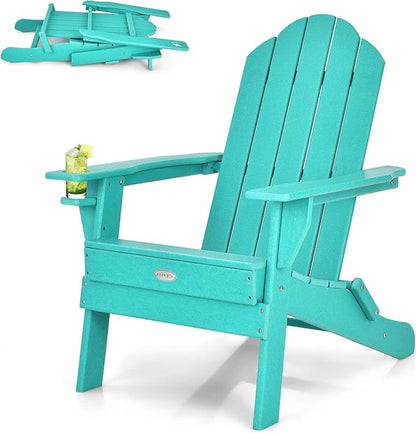 Tangkula Outdoor Folding Adirondack Chair, HDPE Armchairs with Cup Holder, Weather Resistant Lounger Chair for Patio Garden Fire Pit Backyard, Lawn Porch Seating, Adirondack Lounger (1, Turquoise)