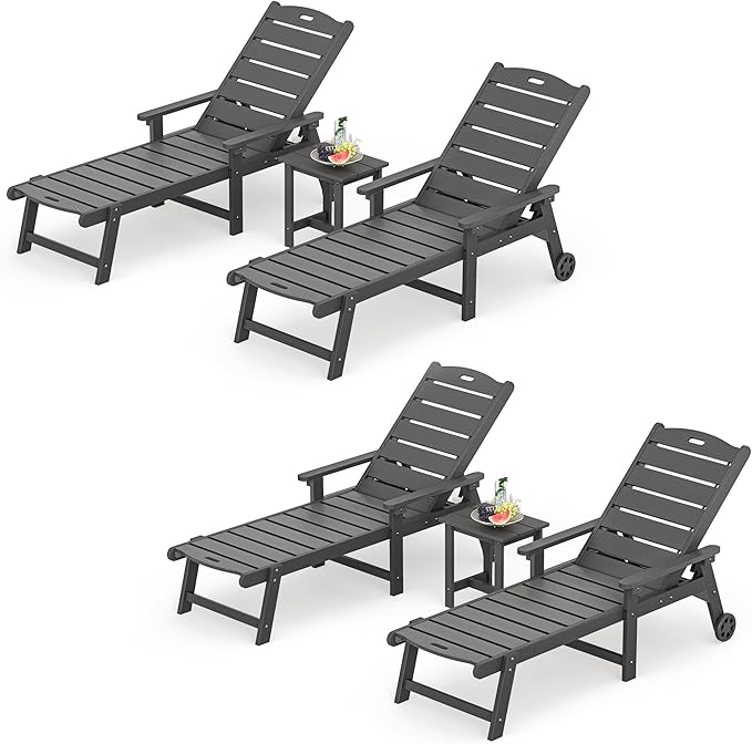 LUE BONA Chaise Lounge Chair with Table, 6-Piece, HDPS Chaise Lounger, 5 Positions Adjustable Lounge Chairs - Photo 1