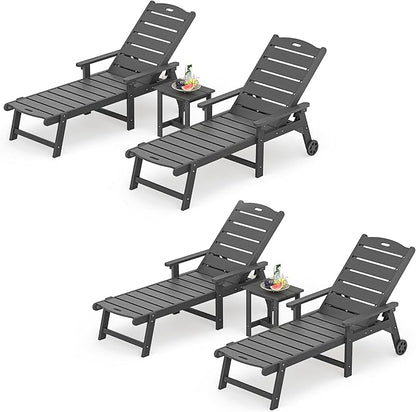 LUE BONA Chaise Lounge Chair with Table, 6-Piece, HDPS Chaise Lounger, 5 Positions Adjustable Lounge Chairs, Pool Lounge Chair with Wheels for Poolside, Backyard, Dark Gray