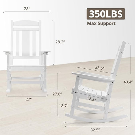 LUE BONA Outdoor Rocking Chairs Set of 4, Weather Resistant HDPS Poly Rocker Chairs, 350lb Heavy Duty, Oversized Porch Rocker for Adult, High Back Smooth Rocking Chairs for Outdoor & Indoor, White