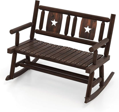 Tangkula Patio Rocking Bench, Carbonized Wood Double Rocker Chair with Ergonomic Seat, 2-Person Solid Wood Rocking Loveseat for Backyard, Porch, Garden, Rustic Farmhouse Style (1, Rustic Brown)