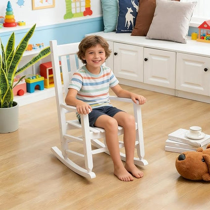 Kids Rocking Chair for Toddler and Children Comfy Recliner Wooden Rocker for Baby Girls Outdoor Lounge for Age 6-10 Indoor Anti-Tip Design Safe & Sturdy White