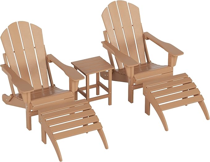 WestinTrends Malibu Outdoor Lounge Chairs Set, 5-Pieces Adirondack Chair Set of 2 with Ottoman and Side Table, All Weather Poly Lumber Patio Lawn Folding Chair for Outside, Teak