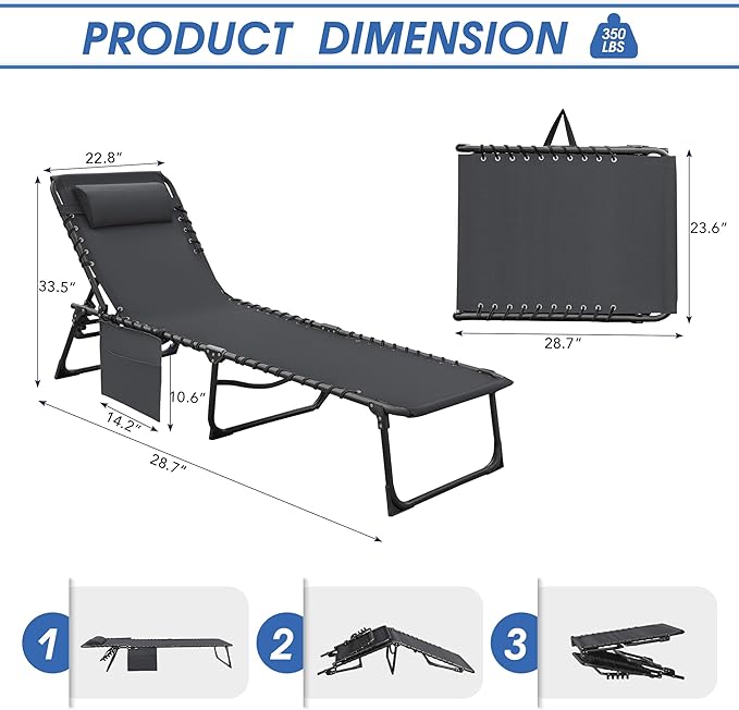 Flamaker Foldable Chaise Lounge Chair 5-Position Adjustable, Tanning Chair with Side Pocket, Outdoor Sunbathing for Pool - Photo 3