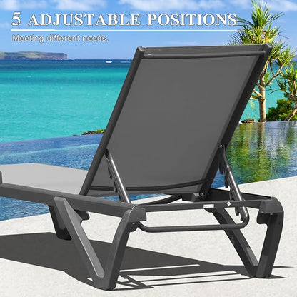 Domi Pool Lounge Chairs Set of 2, Aluminum Adjustable Outdoor Chaise Lounge with Wheels, All Weather Outdoor Lounge Chair for Deck Lawn Patio Backyard, Textilene - Gray