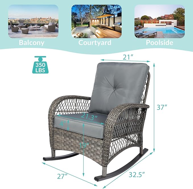 MEETWARM Outdoor Wicker Rocking Chairs Set of 2, Rattan Patio Rocker Chairs with Thick Cushions and High Back, All-Weather Patio Wicker Chair with Safe Rocking Design for Garden, Gray